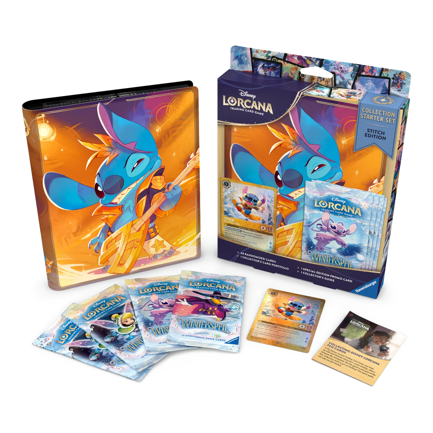 Lorcana trading card game packaging with cards and a binder on a white background