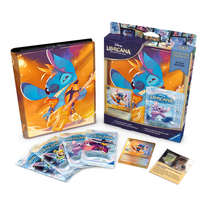 Lorcana trading card game packaging with cards and a binder on a white background