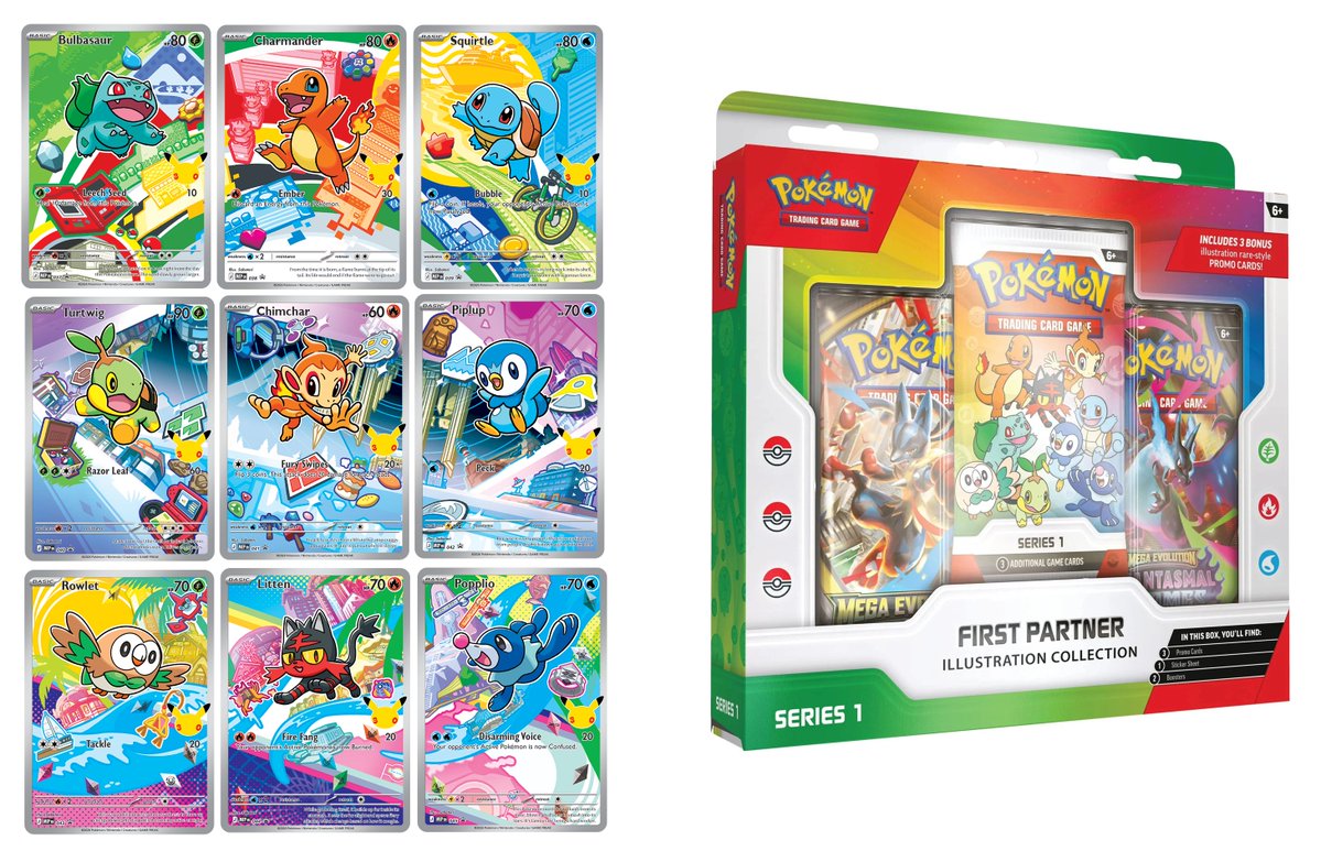 Pokémon trading card game packs including a box and multiple cards with colorful illustrations.