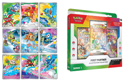 Pokémon trading card game packs including a box and multiple cards with colorful illustrations.